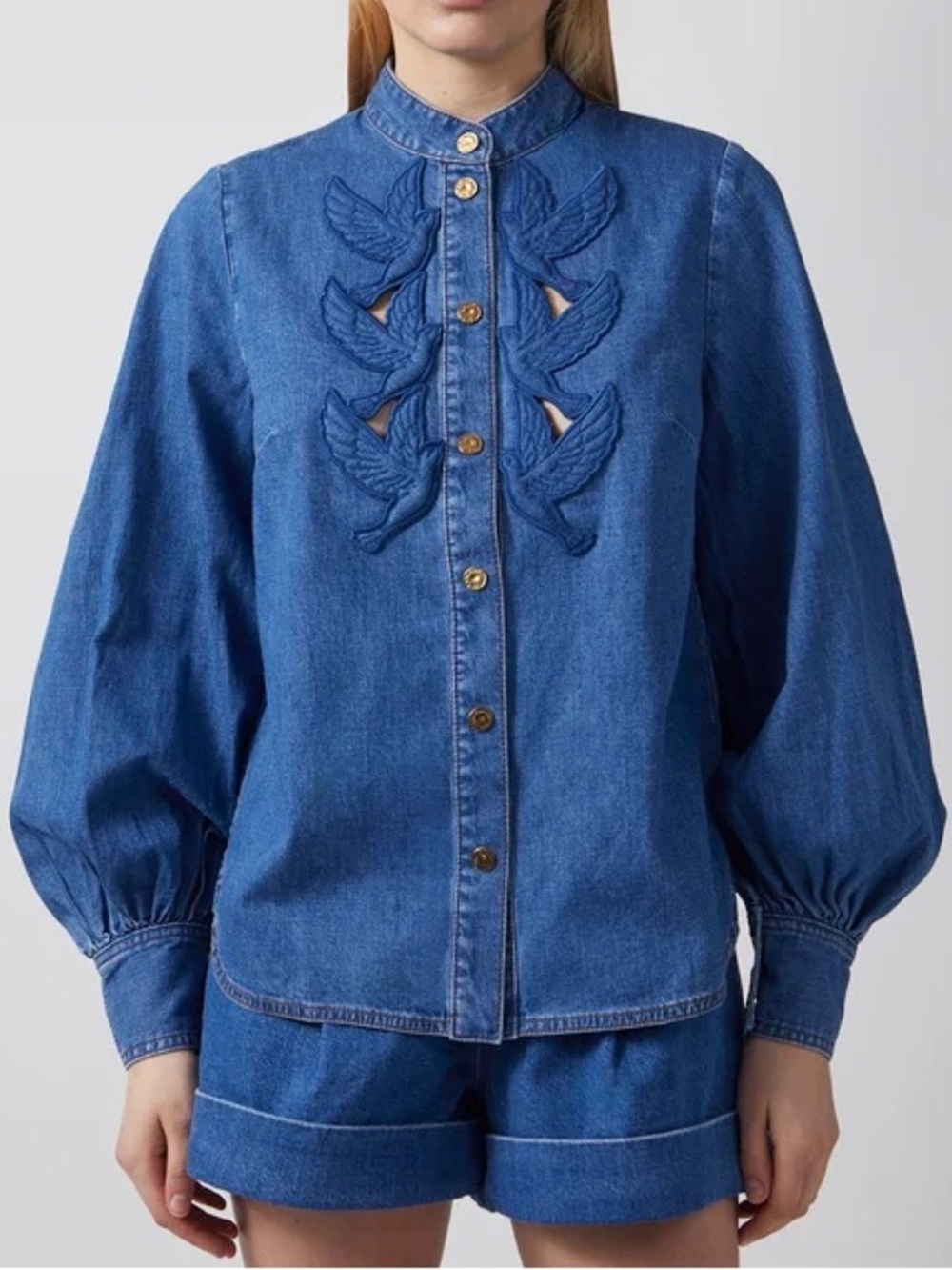 Embroidered Blue Denim Button-Down Shirt